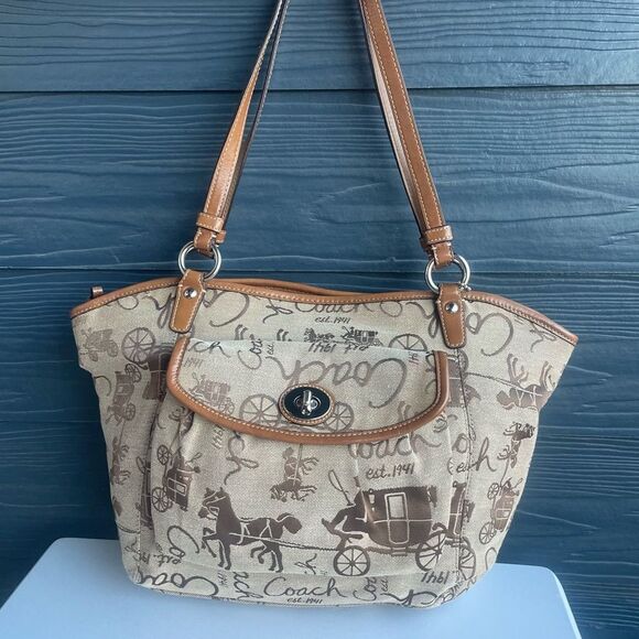 COACH Signature Madison Horse & Carriage Campbell Shoulder Bag Tote Tan Khaki - Picture 1 of 8